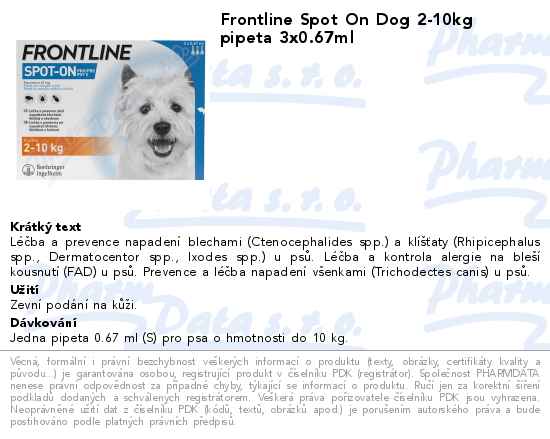 Frontline Spot On Dog 2-10kg pipeta 3x0.67ml