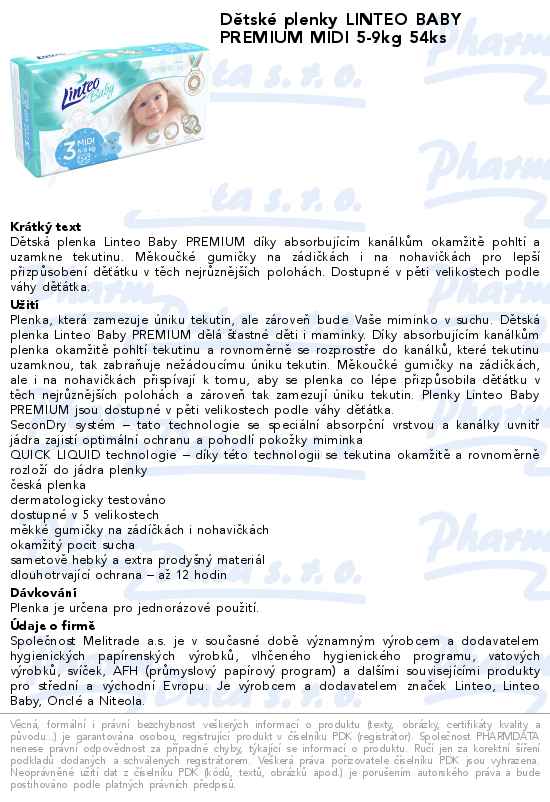 DÄ›tskĂ© plenky LINTEO BABY PREMIUM MIDI 5-9kg 54ks
