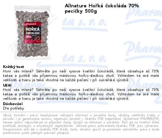 Allnature HoĹ™kĂˇ ÄŤokolĂˇda 70% peciÄŤky 500g