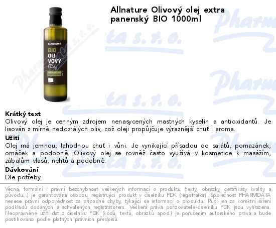 Allnature OlivovĂ˝ olej extra panenskĂ˝ BIO 1000ml