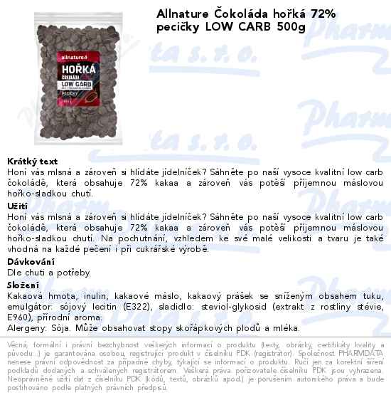 Allnature ÄŚokolĂˇda hoĹ™kĂˇ 72% peciÄŤky LOW CARB 500g