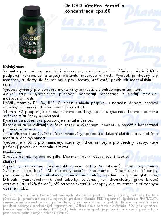 Dr.CBD VitaPro PamÄ›ĹĄ a koncentrace cps.60