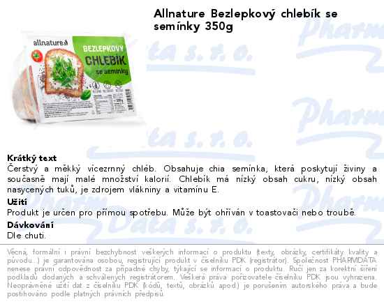 Allnature BezlepkovĂ˝ chlebĂ­k se semĂ­nky 350g