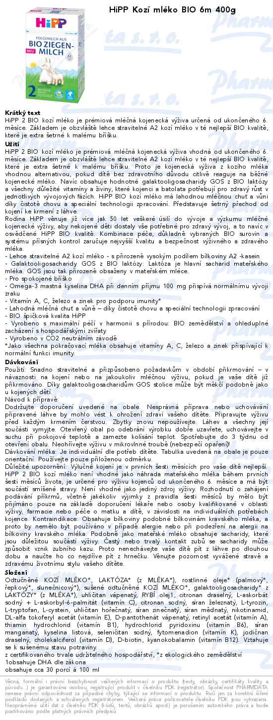 HiPP KozĂ­ mlĂ©ko BIO 6m 400g