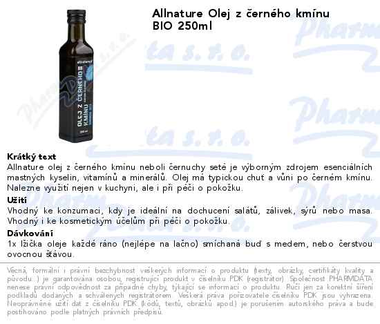 Allnature Olej z ÄŤernĂ©ho kmĂ­nu BIO 250ml