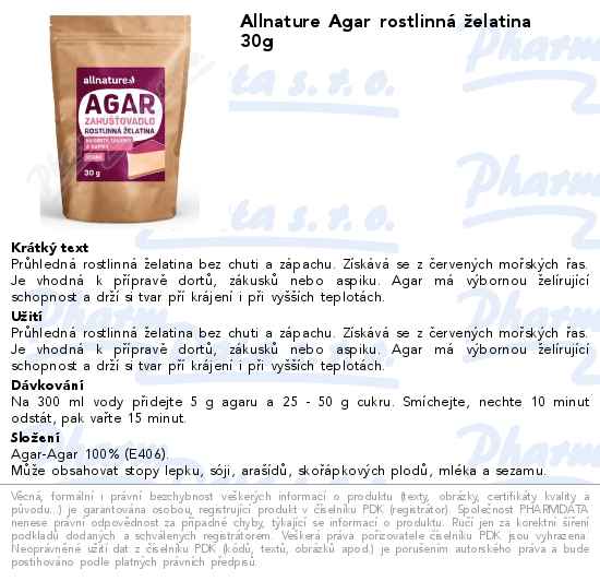 Allnature Agar rostlinnĂˇ Ĺľelatina 30g