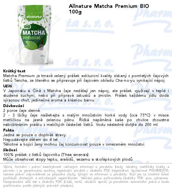 Allnature Matcha Premium BIO 100g