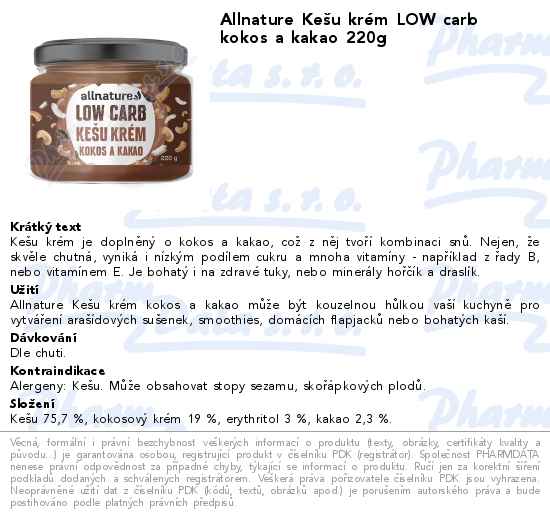 Allnature KeĹˇu krĂ©m LOW carb kokos a kakao 220g