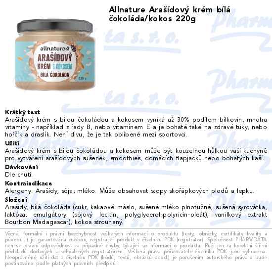 Allnature AraĹˇĂ­dovĂ˝ krĂ©m bĂ­lĂˇ ÄŤokolĂˇda/kokos 220g