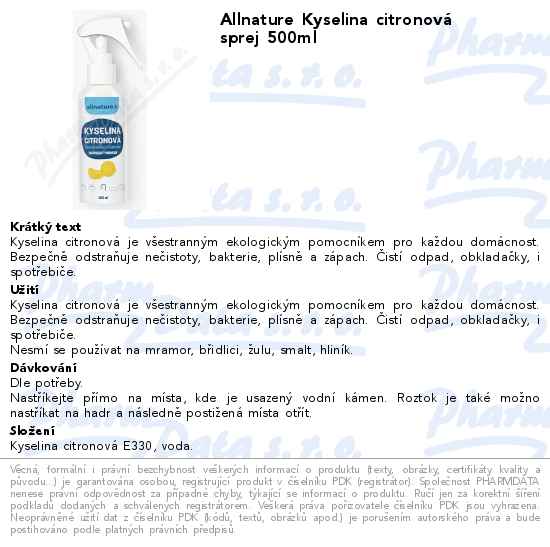 Allnature Kyselina citronovĂˇ sprej 500ml