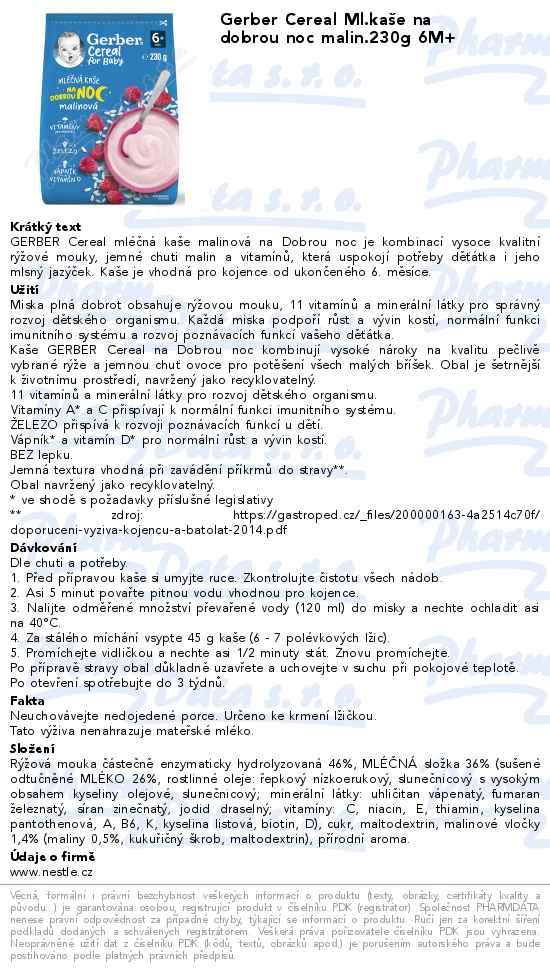 Gerber Cereal Ml.kaĹˇe na dobrou noc malin.230g 6M+