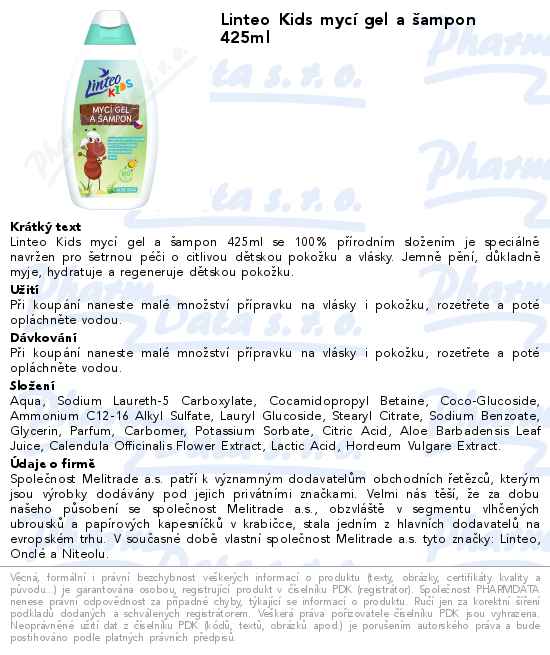 Linteo Kids mycĂ­ gel a Ĺˇampon 425ml