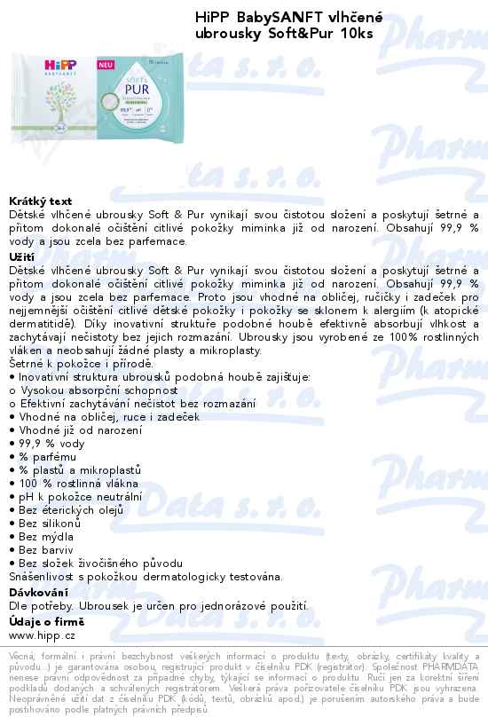 HiPP BabySANFT vlhÄŤenĂ© ubrousky Soft&Pur 10ks