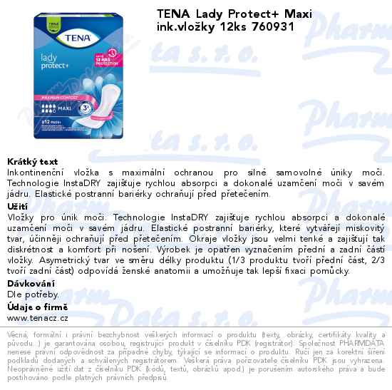 TENA Lady Protect+ Maxi ink.vloĹľky 12ks 760931