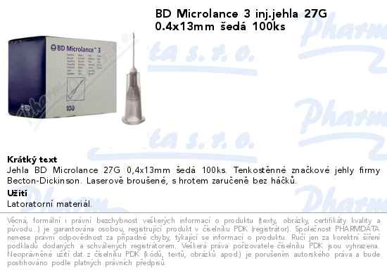 BD Microlance 3 inj.jehla 27G 0.4x13mm ĹˇedĂˇ 100ks