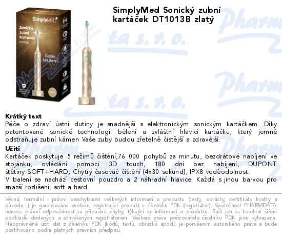 SimplyMed SonickĂ˝ zubnĂ­ kartĂˇÄŤek DT1013B zlatĂ˝