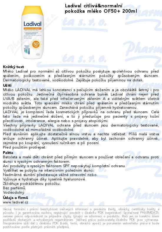 Ladival citlivĂˇ&normalnĂ­ pokoĹľka mlĂ©ko OF50+ 200ml