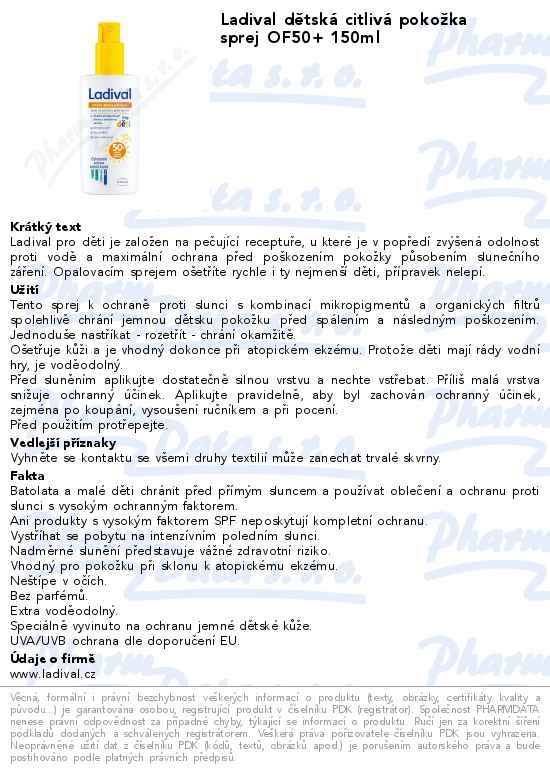 Ladival dÄ›tskĂˇ citlivĂˇ pokoĹľka sprej OF50+ 150ml