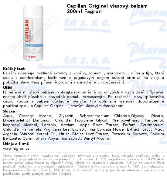 Capillan Original vlasovĂ˝ balzĂˇm 200ml Fagron