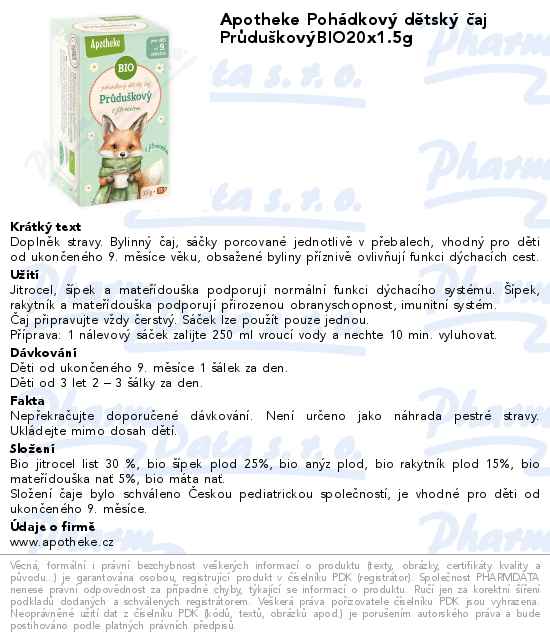 Apotheke PohĂˇdkovĂ˝ dÄ›tskĂ˝ ÄŤaj PrĹŻduĹˇkovĂ˝BIO20x1.5g
